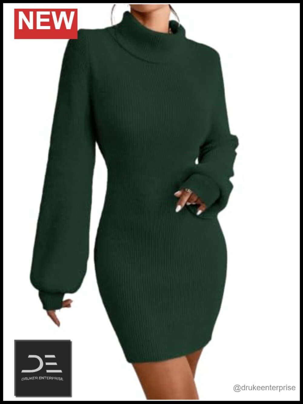 Turtleneck Sweater Dress Lantern Sleeve Bodycon Mini Knit